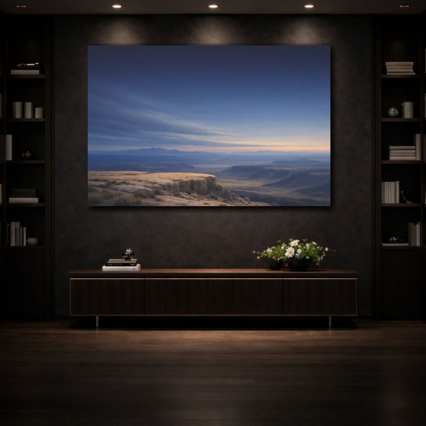 Mockup 3. Nature Canyon Vista Blue And Gold shown as stretched canvas wall art