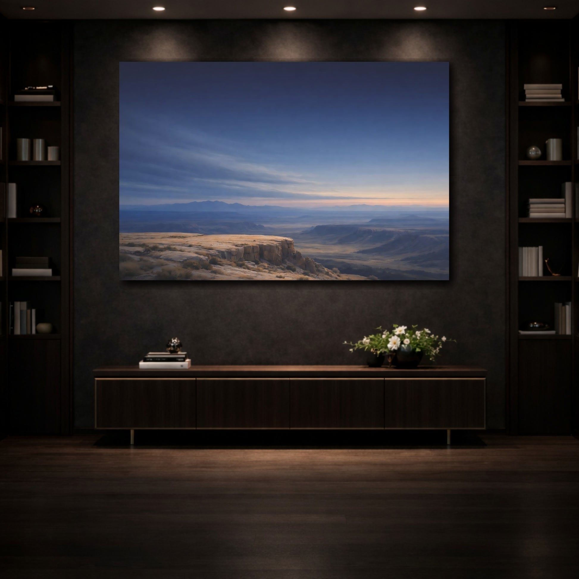 Mockup 3. Nature Canyon Vista Blue And Gold shown as stretched canvas wall art