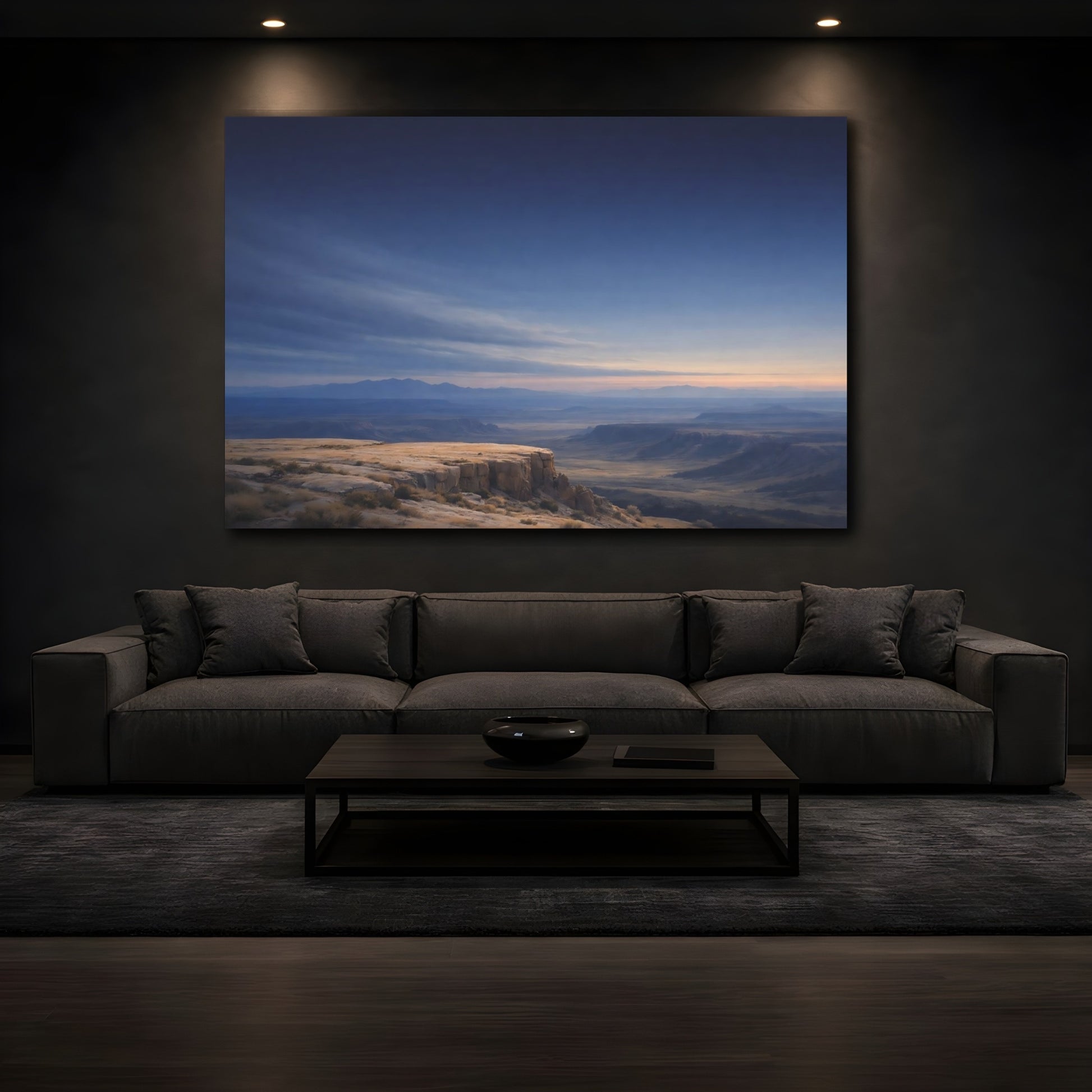Mockup 4. Nature Canyon Vista Blue And Gold shown as stretched canvas wall art