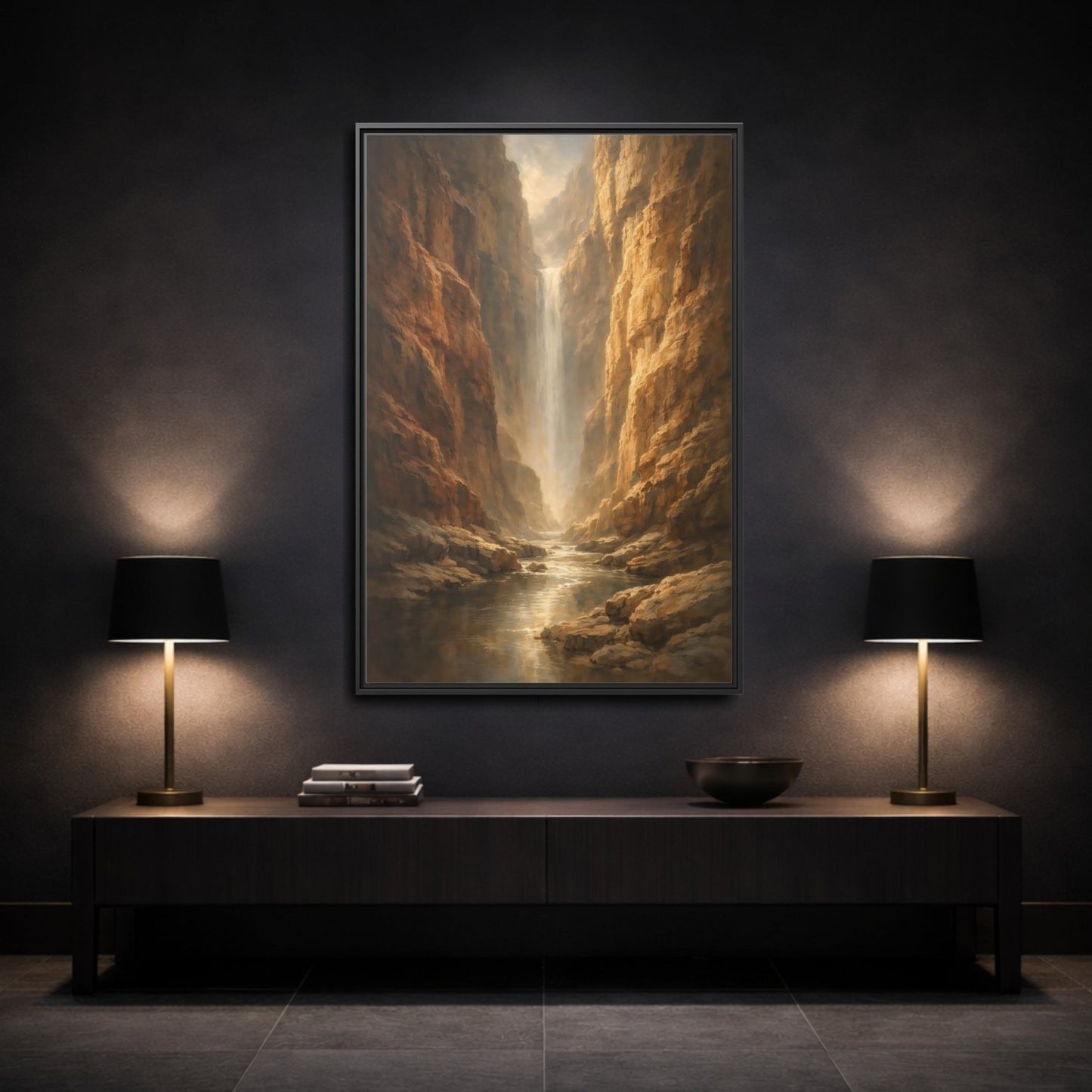 Nature Canyon Waterfall Brown - Framed Canvas Wall Art Print - YesArtYes