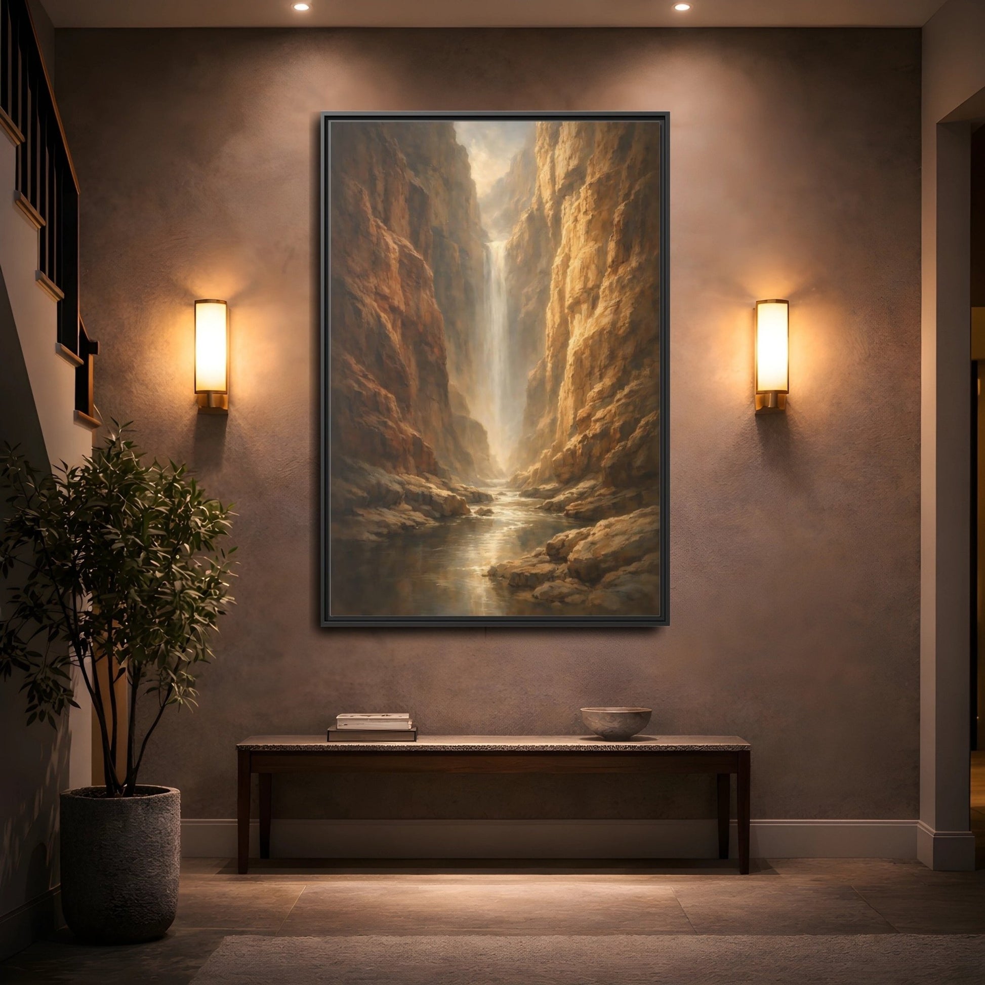 Nature Canyon Waterfall Brown - Framed Canvas Wall Art Print - YesArtYes