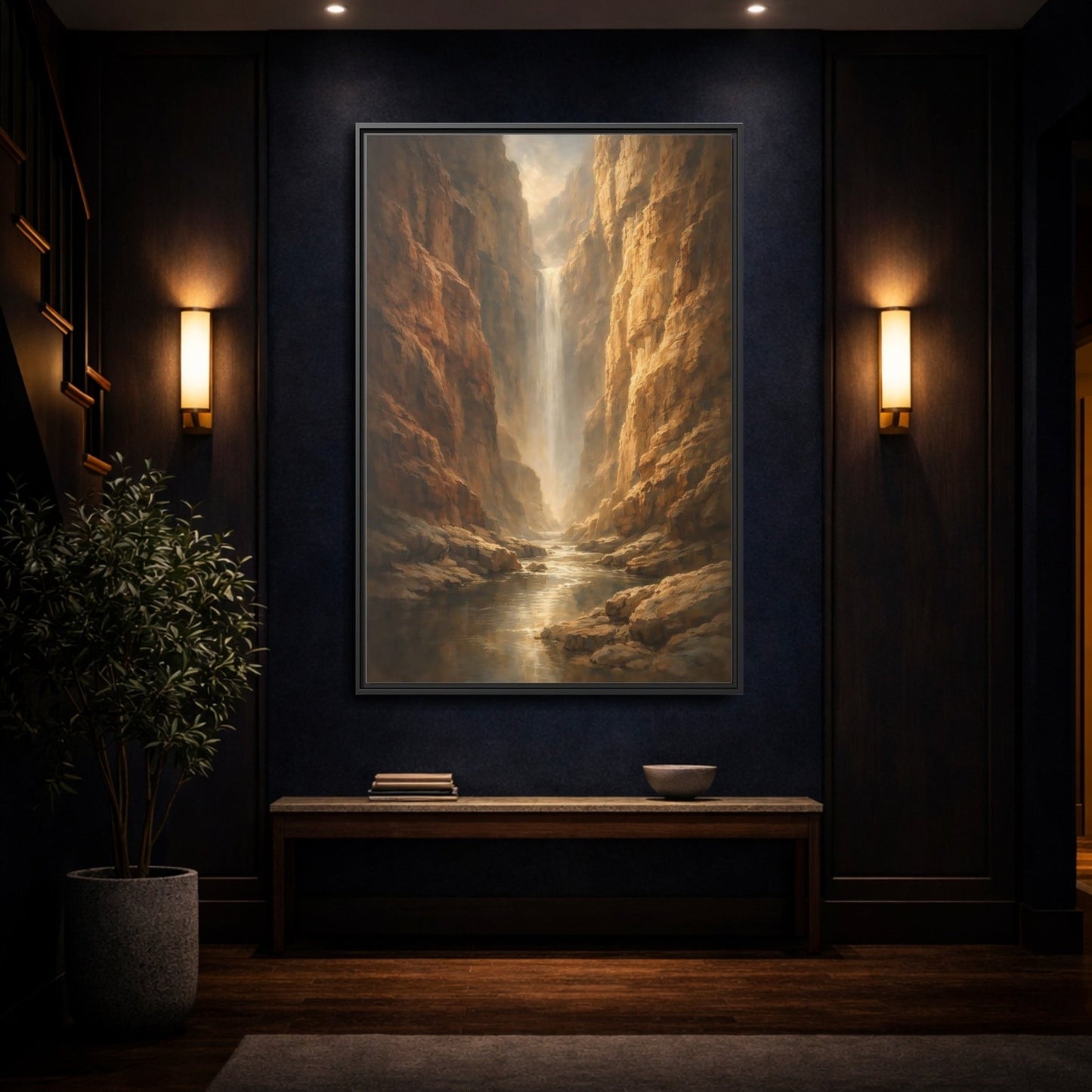 Nature Canyon Waterfall Brown - Framed Canvas Wall Art Print - YesArtYes