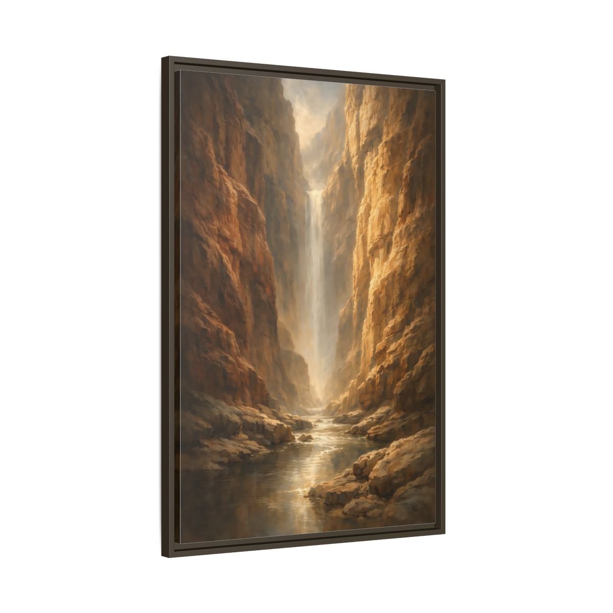 Nature Canyon Waterfall Brown - Framed Canvas Wall Art Print - YesArtYes
