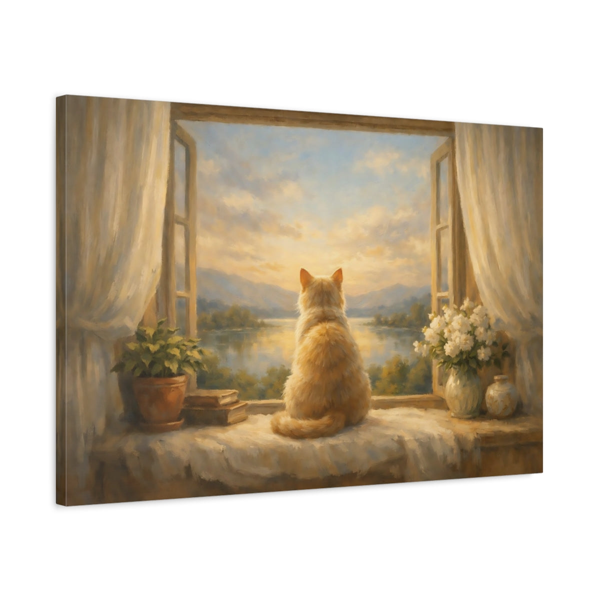Side Mockup 2. Nature Cat Orange Cat Window shown as stretched canvas wall art