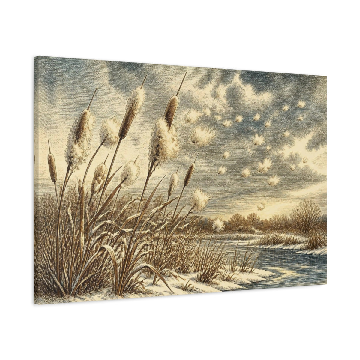 Main Mockup. Nature Cattails Winter Scene shown as canvas print