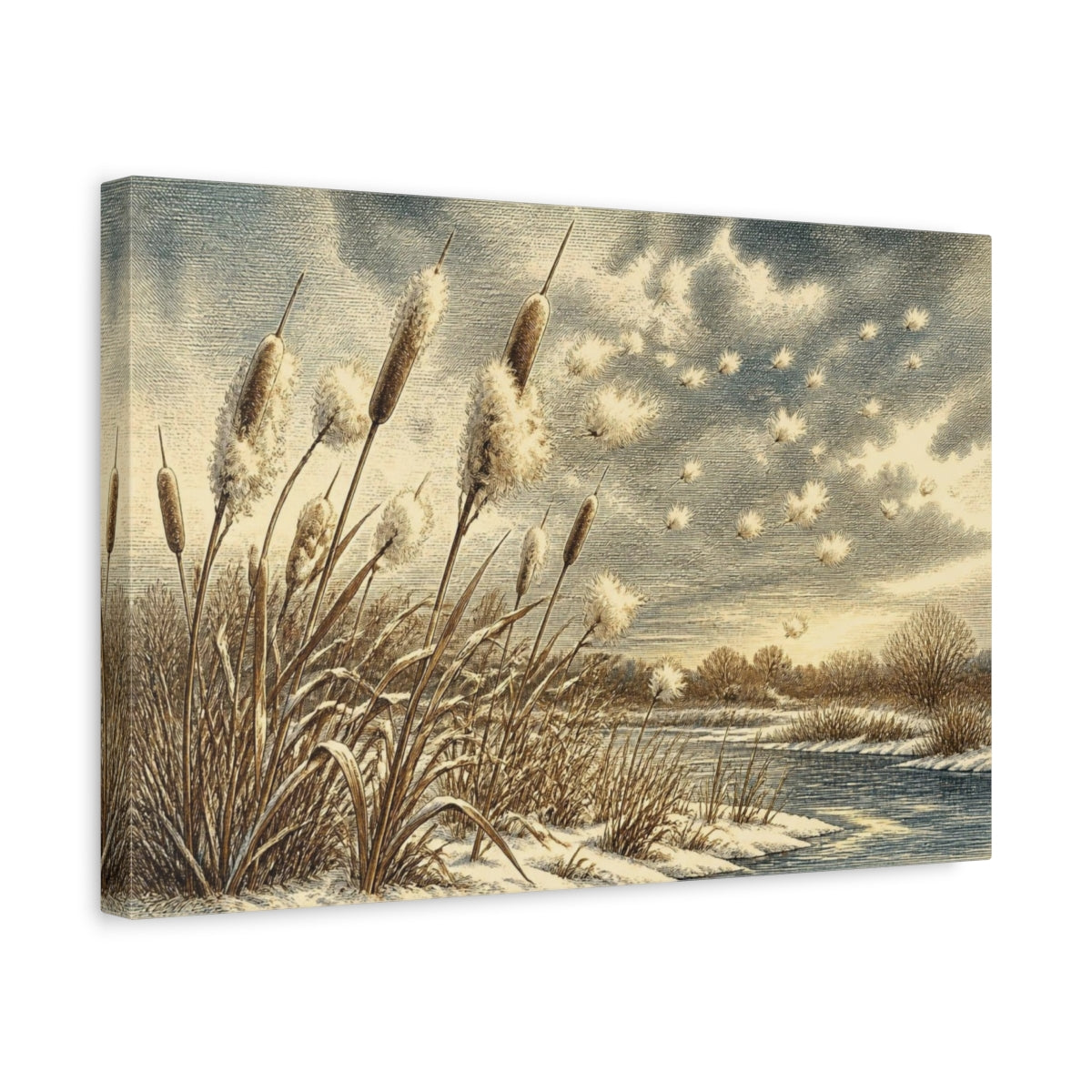 Side Mockup 4. Nature Cattails Winter Scene shown as canvas print