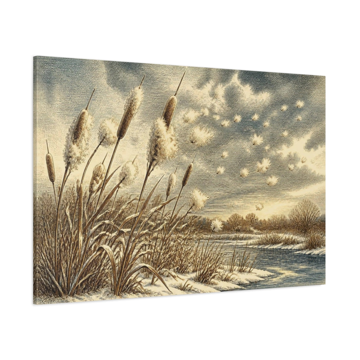 Side Mockup 1. Nature Cattails Winter Scene shown as canvas print