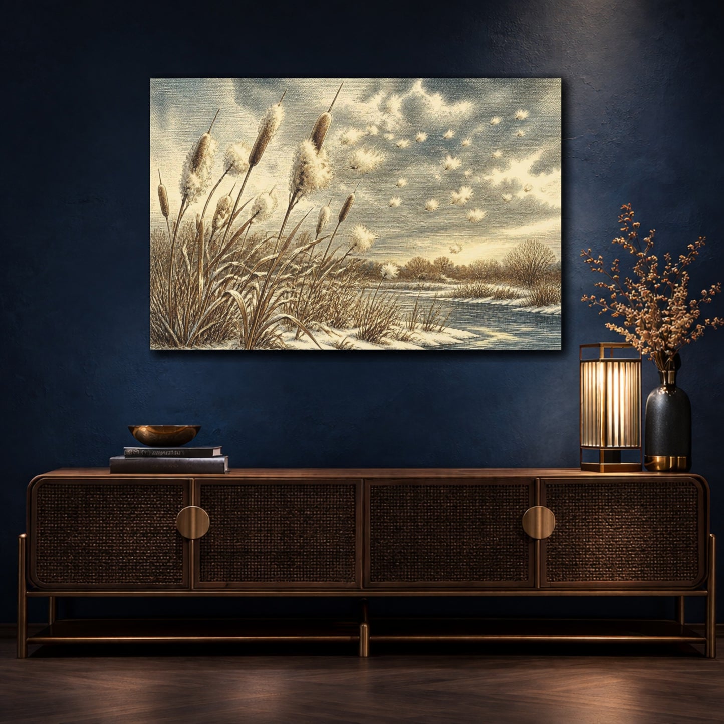 Mockup 4. Nature Cattails Winter Scene shown as canvas print