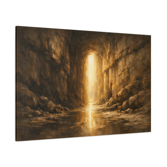 Main Mockup. Nature Cave Entrance Brown And Gold shown as stretched canvas wall art