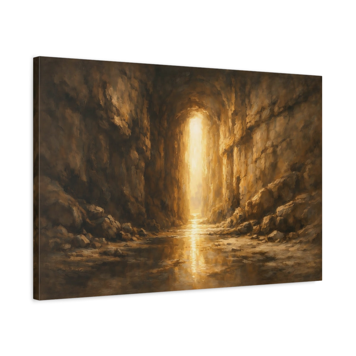 Side Mockup 2. Nature Cave Entrance Brown And Gold shown as stretched canvas wall art