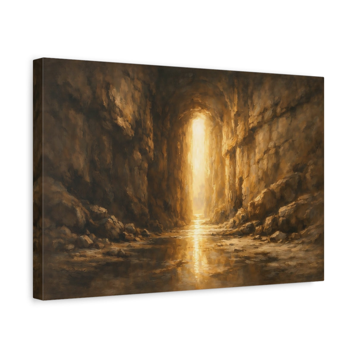 Side Mockup 4. Nature Cave Entrance Brown And Gold shown as stretched canvas wall art