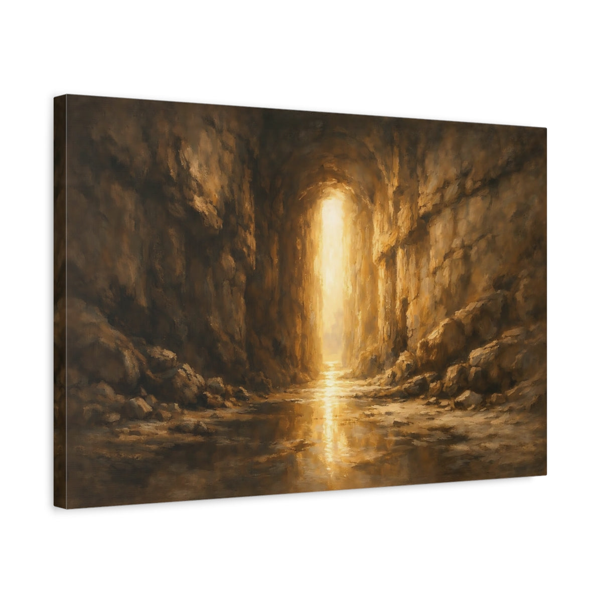 Side Mockup 3. Nature Cave Entrance Brown And Gold shown as stretched canvas wall art