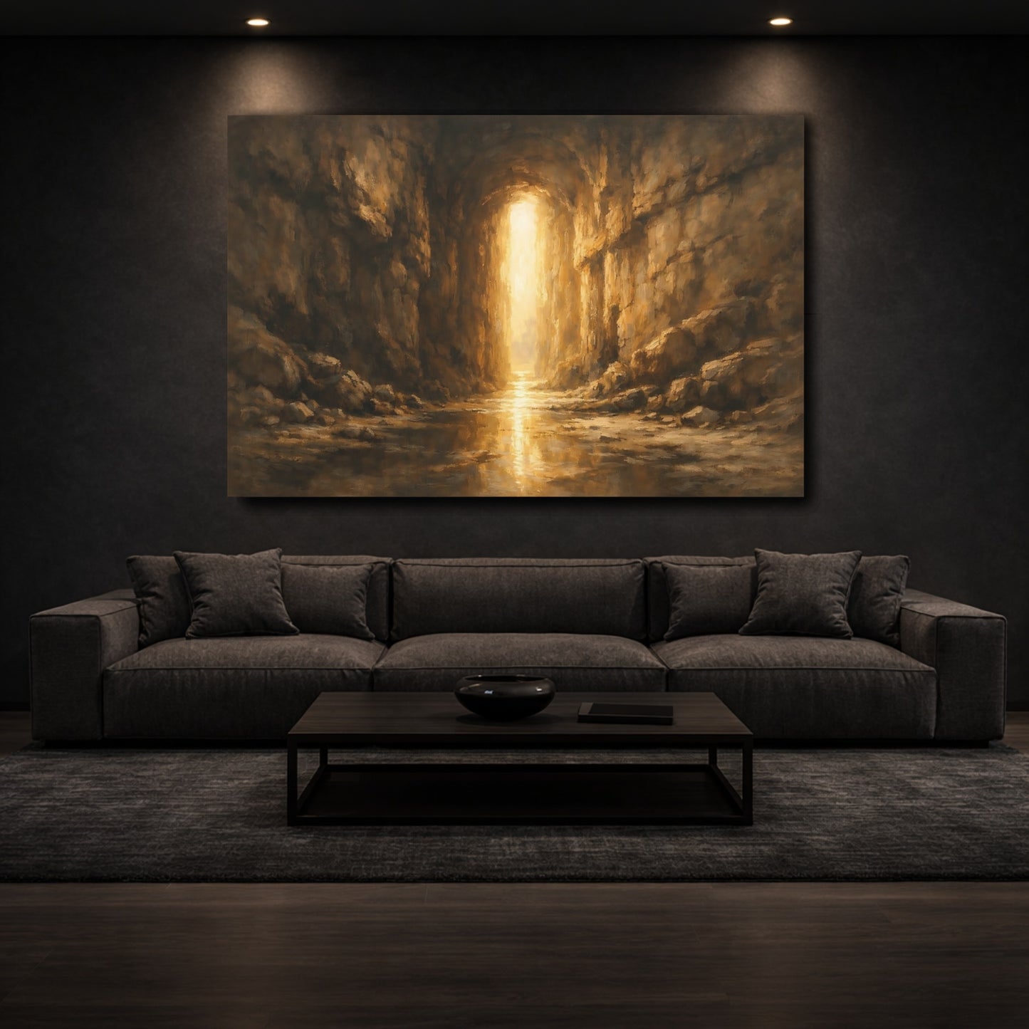 Mockup 2. Nature Cave Entrance Brown And Gold shown as stretched canvas wall art