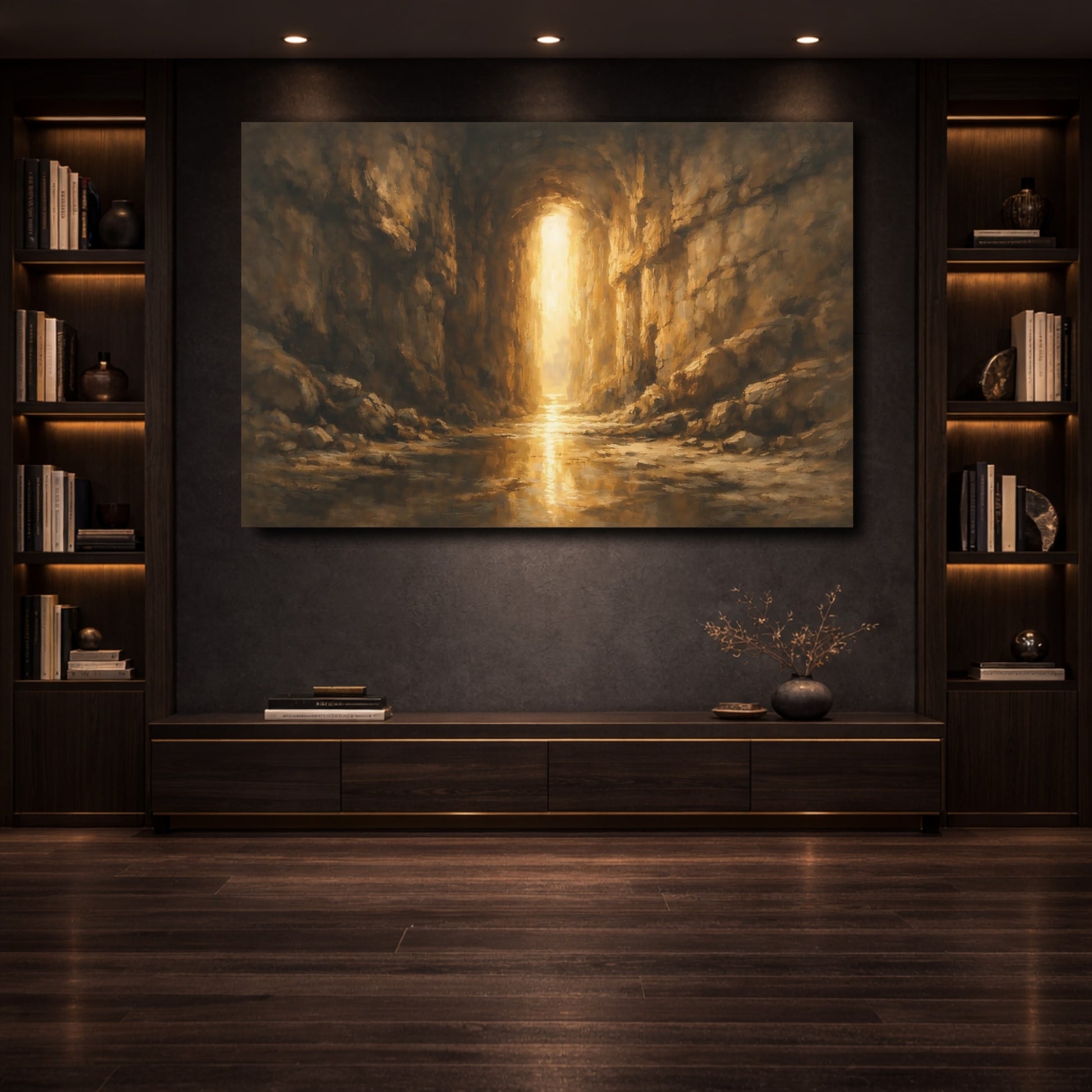 Mockup 3. Nature Cave Entrance Brown And Gold shown as stretched canvas wall art