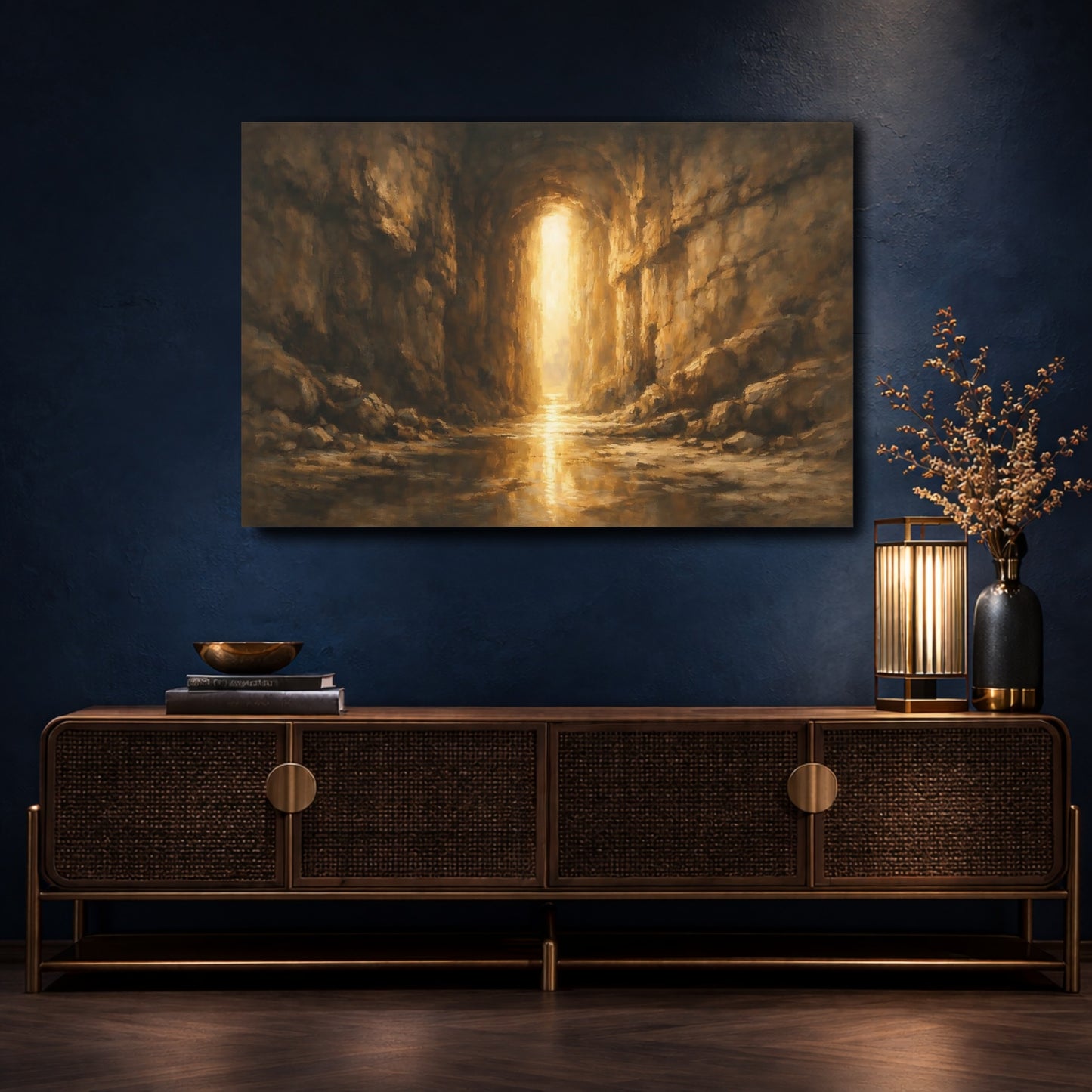 Mockup 4. Nature Cave Entrance Brown And Gold shown as stretched canvas wall art