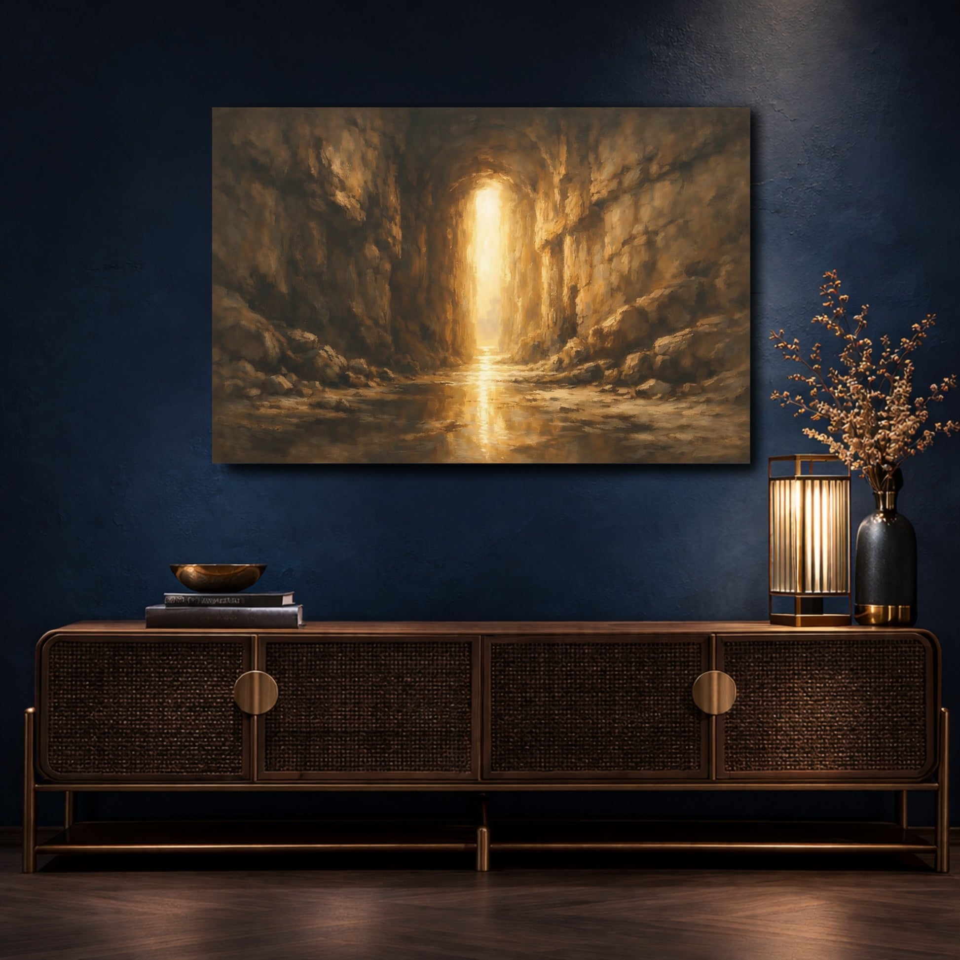 Mockup 4. Nature Cave Entrance Brown And Gold shown as stretched canvas wall art