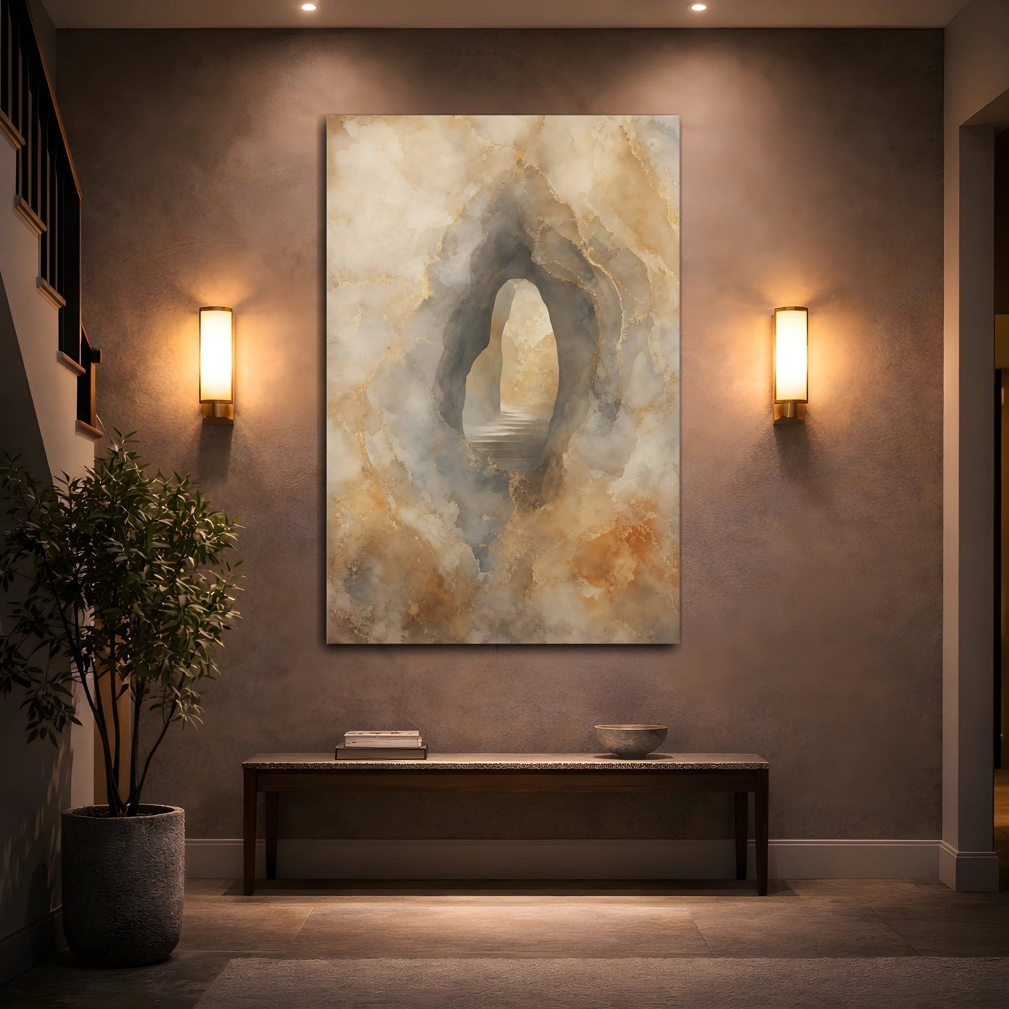Nature Cave Entrance Gold And Neutral Canvas Print – Living Room, Above Sofa - YesArtYes