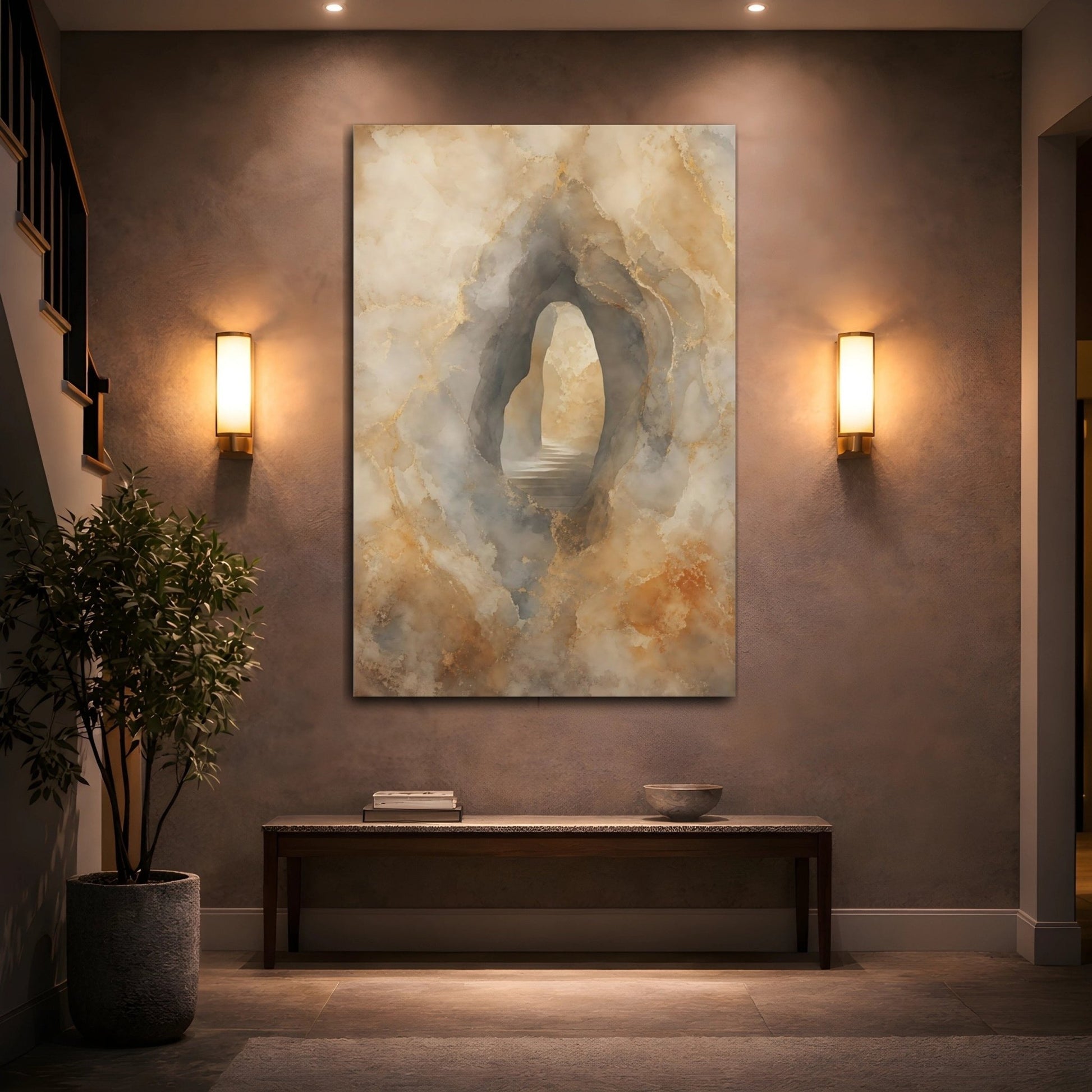 Nature Cave Entrance Gold And Neutral Canvas Print – Living Room, Above Sofa - YesArtYes