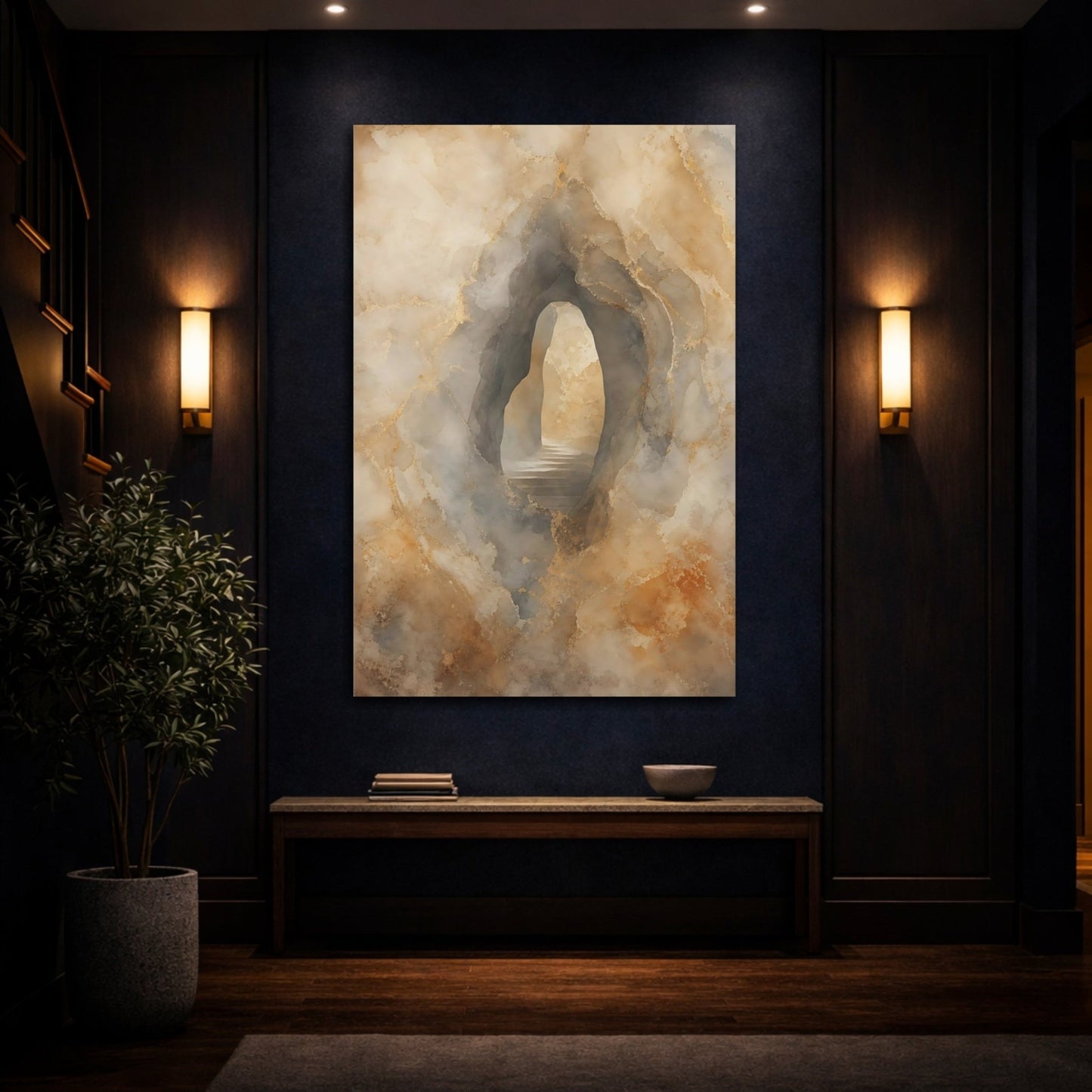 Nature Cave Entrance Gold And Neutral Canvas Print – Living Room, Above Sofa - YesArtYes