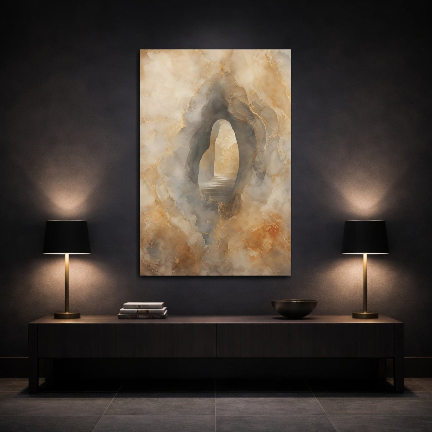 Nature Cave Entrance Gold And Neutral Canvas Print – Living Room, Above Sofa - YesArtYes