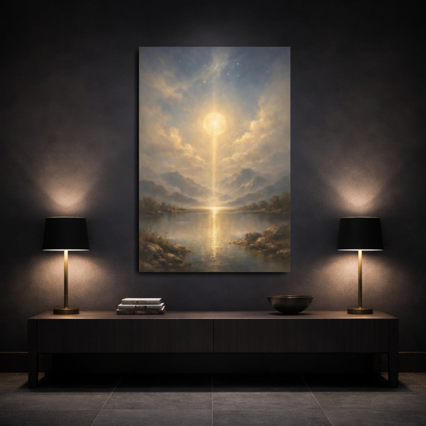 Mockup 2. Nature Celestial Beam Golden Light Landscape shown as stretched canvas wall art