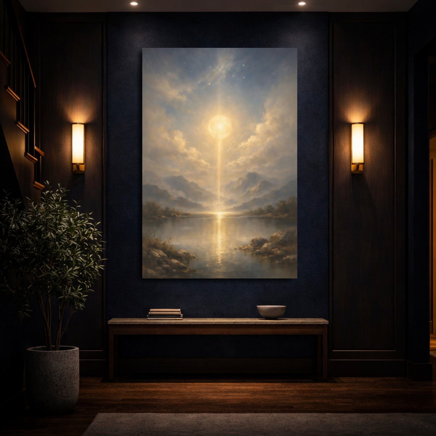 Mockup 3. Nature Celestial Beam Golden Light Landscape shown as stretched canvas wall art