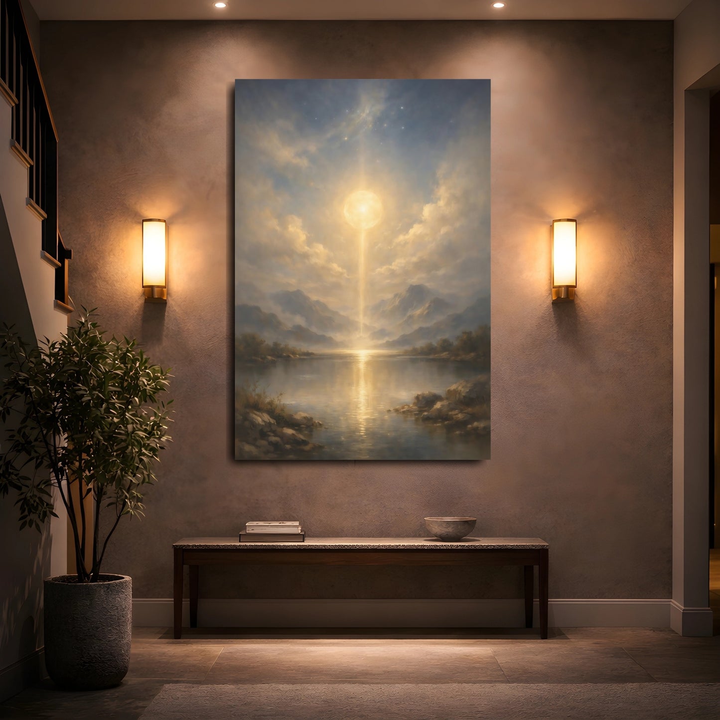 Mockup 4. Nature Celestial Beam Golden Light Landscape shown as stretched canvas wall art