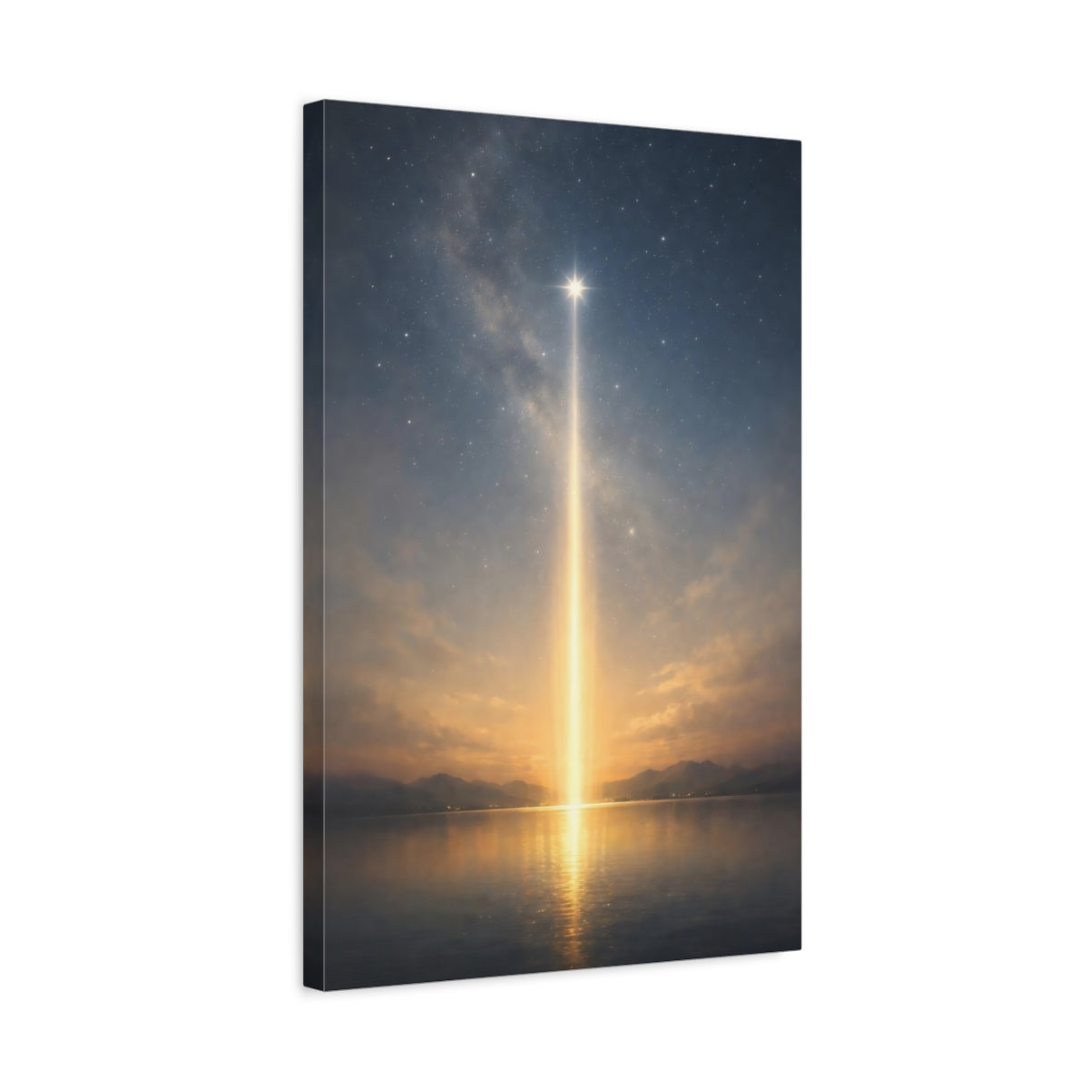 Side Mockup 3. Nature Celestial Light Blue Gold Night shown as stretched canvas wall art