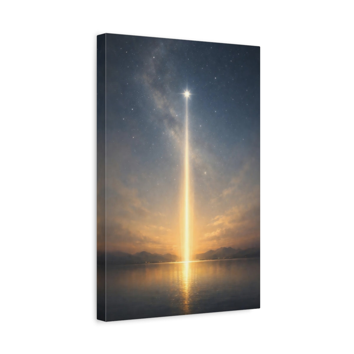 Side Mockup 4. Nature Celestial Light Blue Gold Night shown as stretched canvas wall art