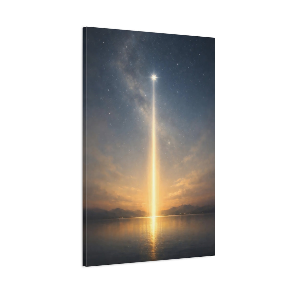 Side Mockup 1. Nature Celestial Light Blue Gold Night shown as stretched canvas wall art
