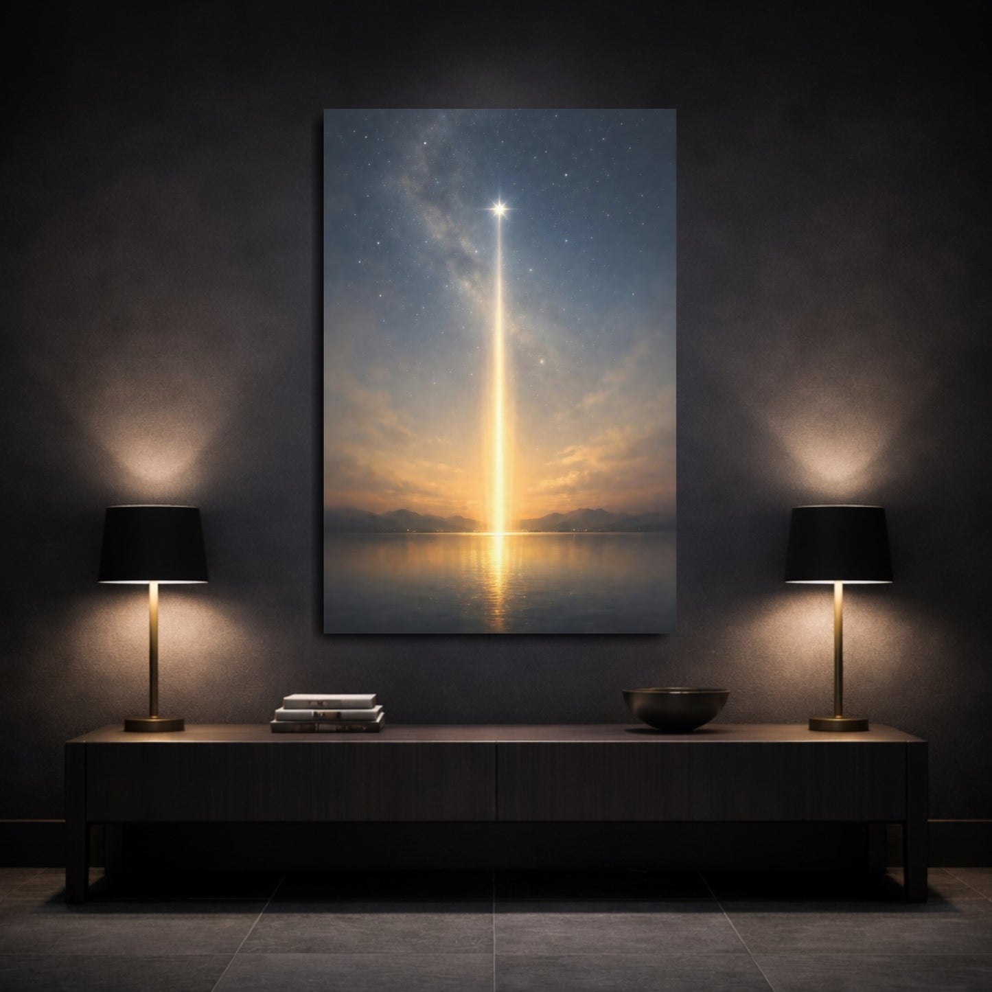 Mockup 2. Nature Celestial Light Blue Gold Night shown as stretched canvas wall art