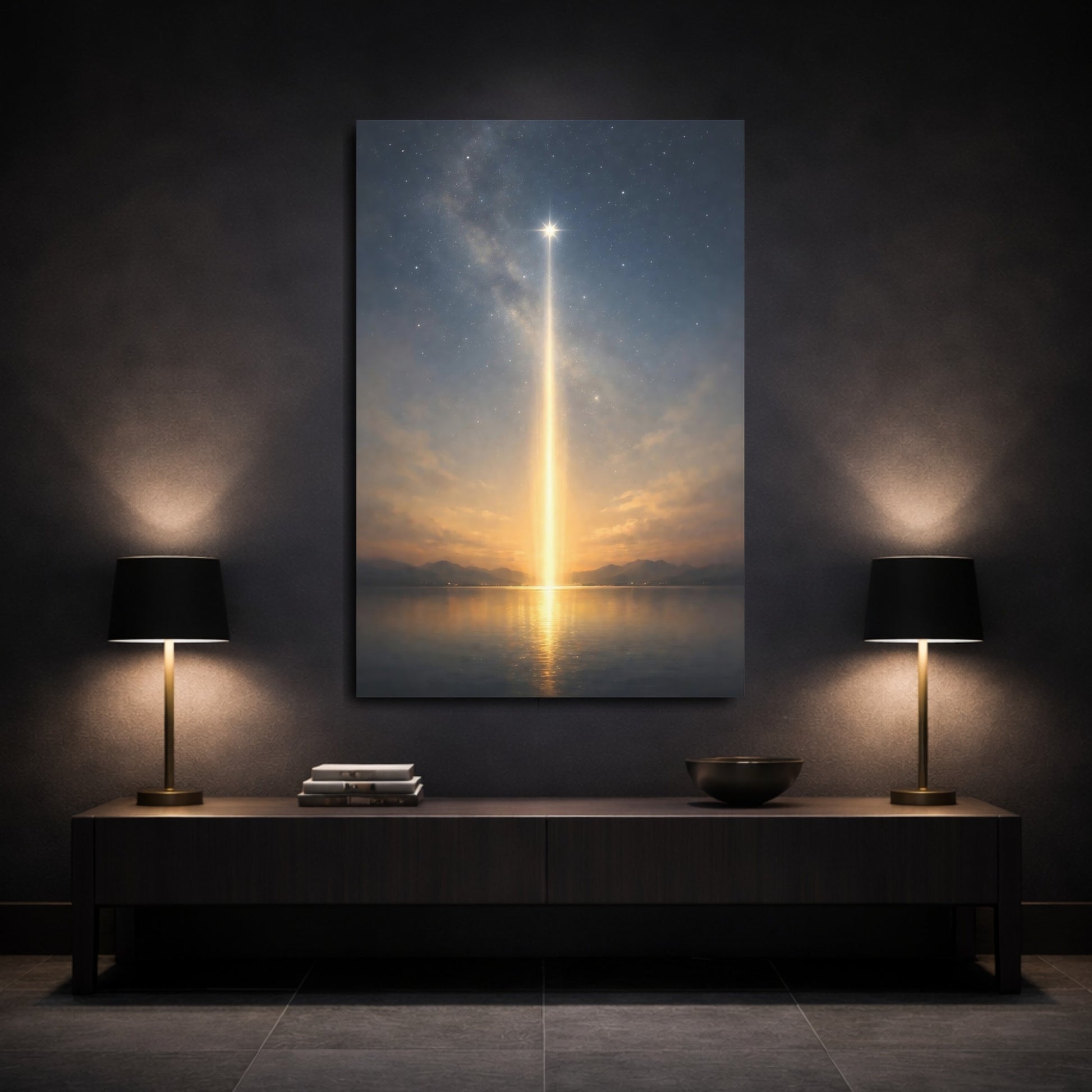 Mockup 2. Nature Celestial Light Blue Gold Night shown as stretched canvas wall art