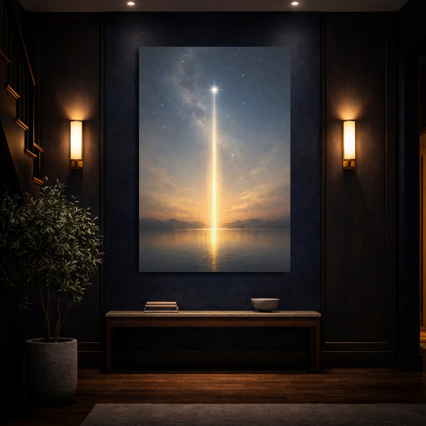 Mockup 3. Nature Celestial Light Blue Gold Night shown as stretched canvas wall art