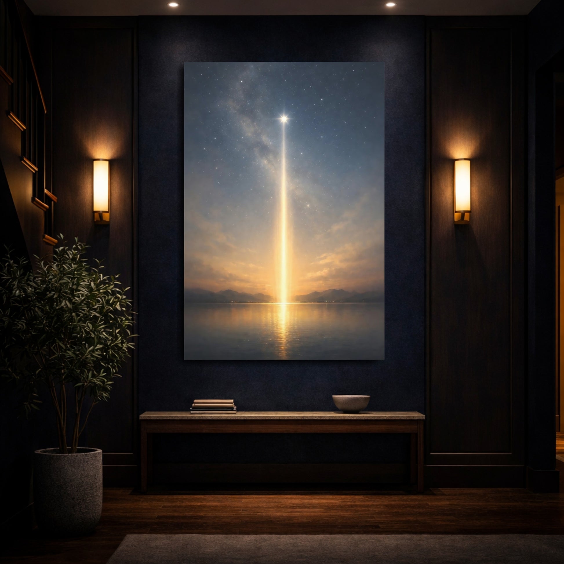 Mockup 3. Nature Celestial Light Blue Gold Night shown as stretched canvas wall art