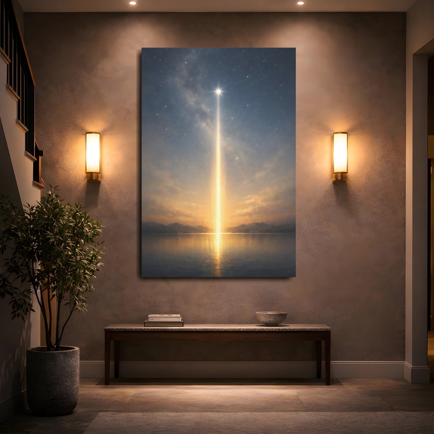 Mockup 4. Nature Celestial Light Blue Gold Night shown as stretched canvas wall art