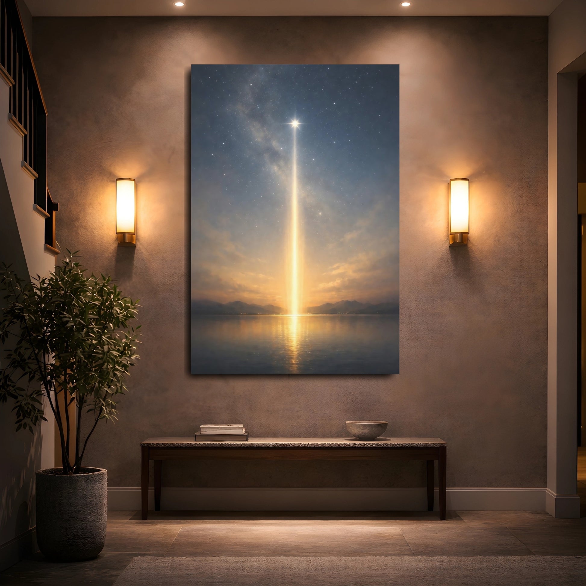 Mockup 4. Nature Celestial Light Blue Gold Night shown as stretched canvas wall art
