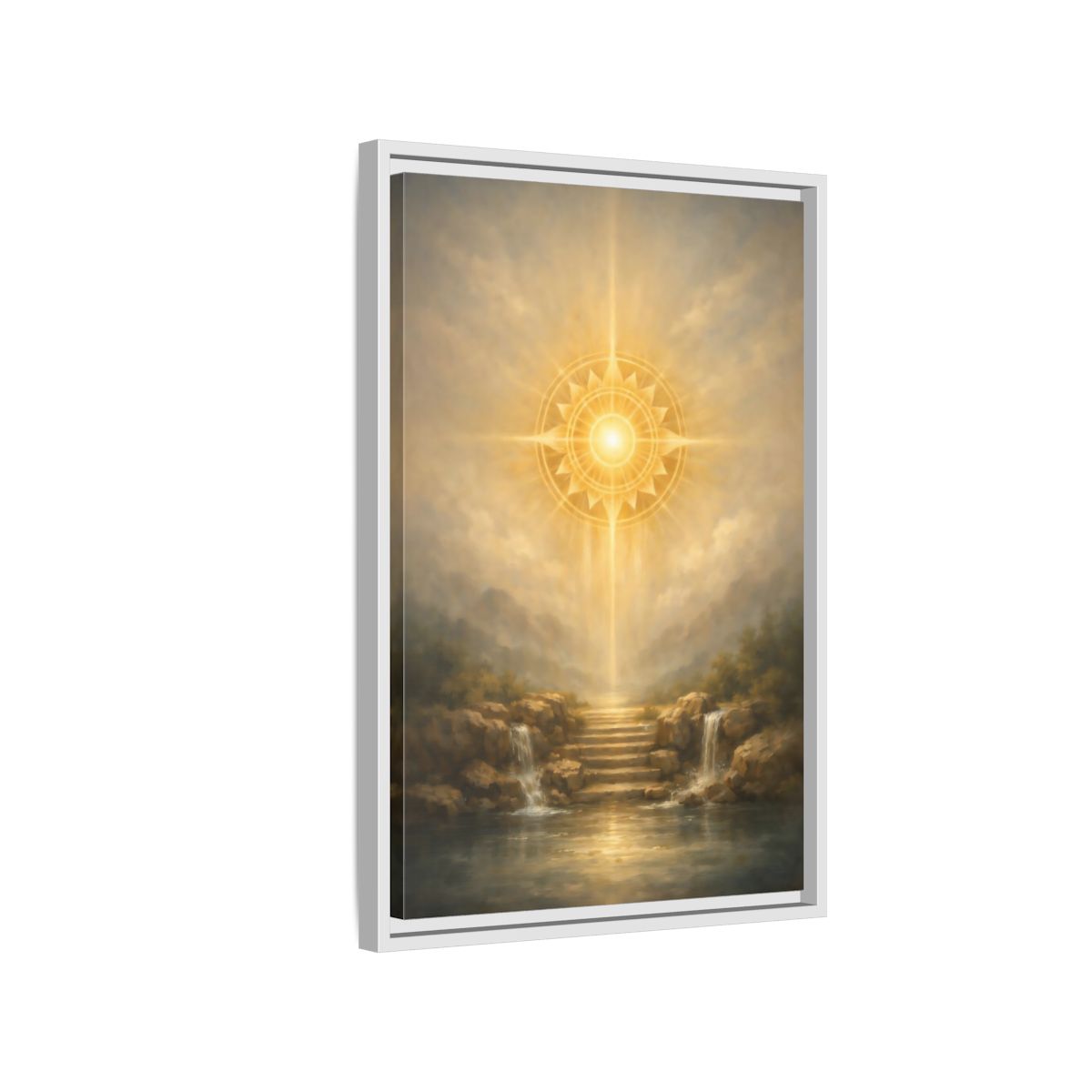 Side Mockup 1. Nature Celestial Light Golden Light shown as stretched canvas wall art