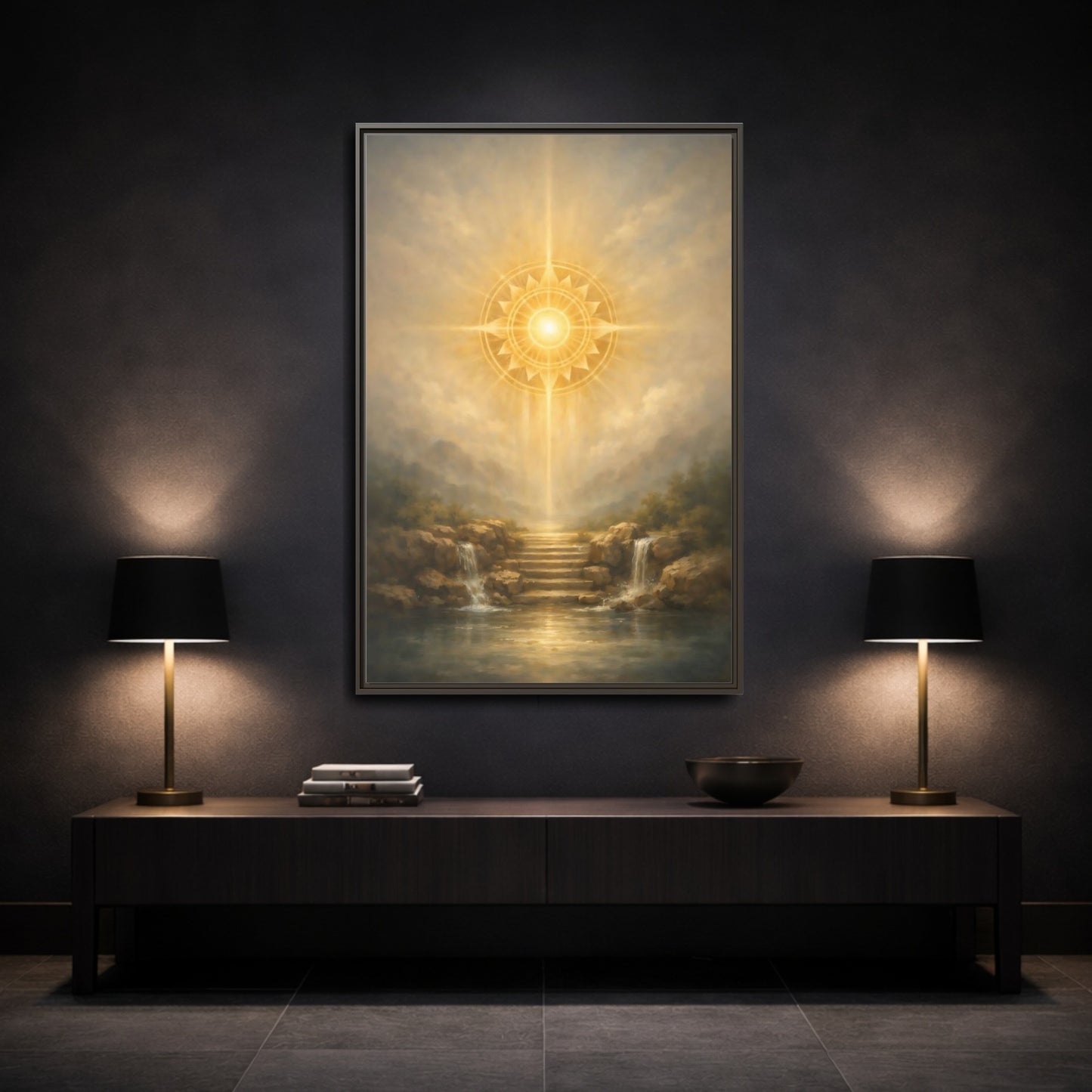 Mockup 2. Nature Celestial Light Golden Light shown as stretched canvas wall art