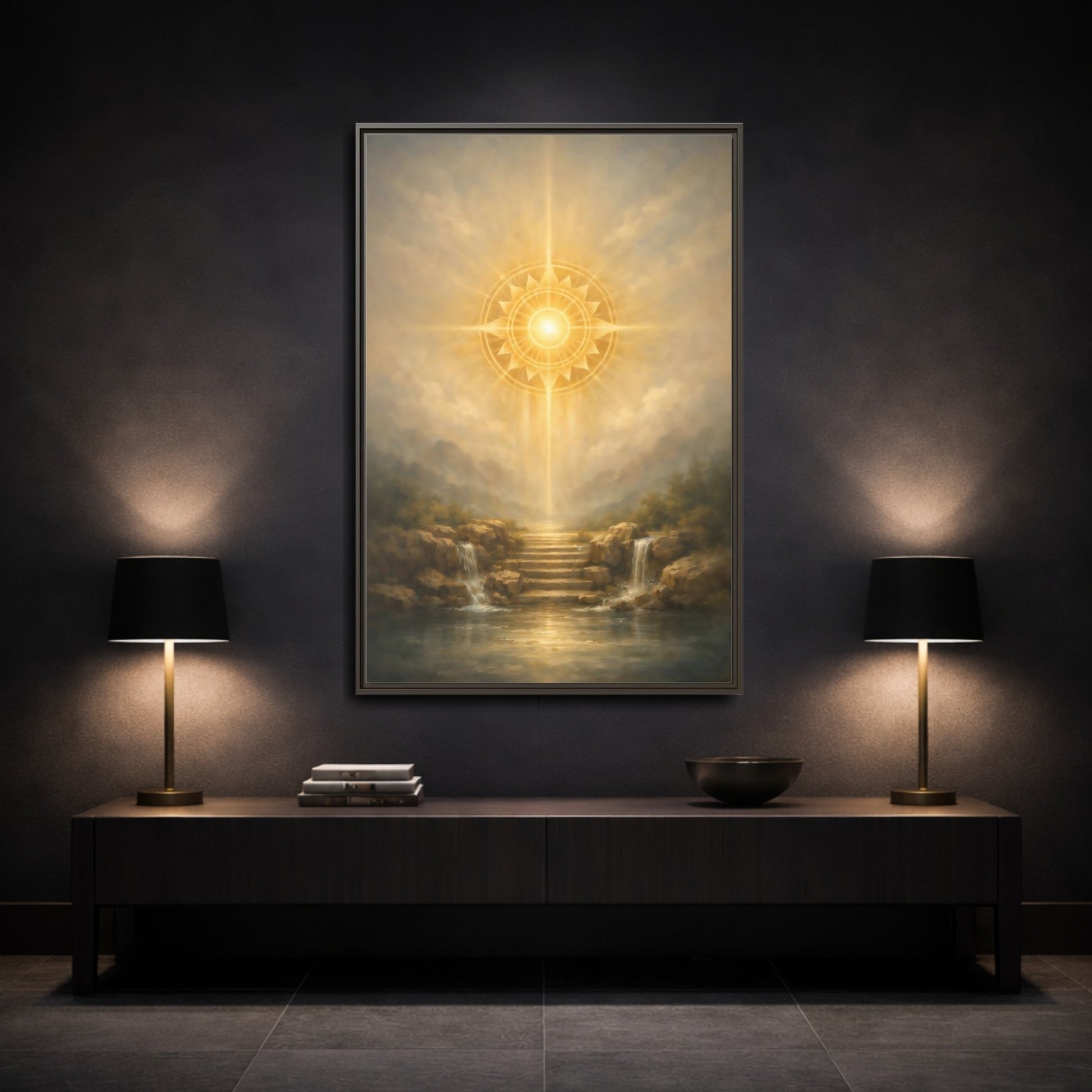 Mockup 2. Nature Celestial Light Golden Light shown as stretched canvas wall art