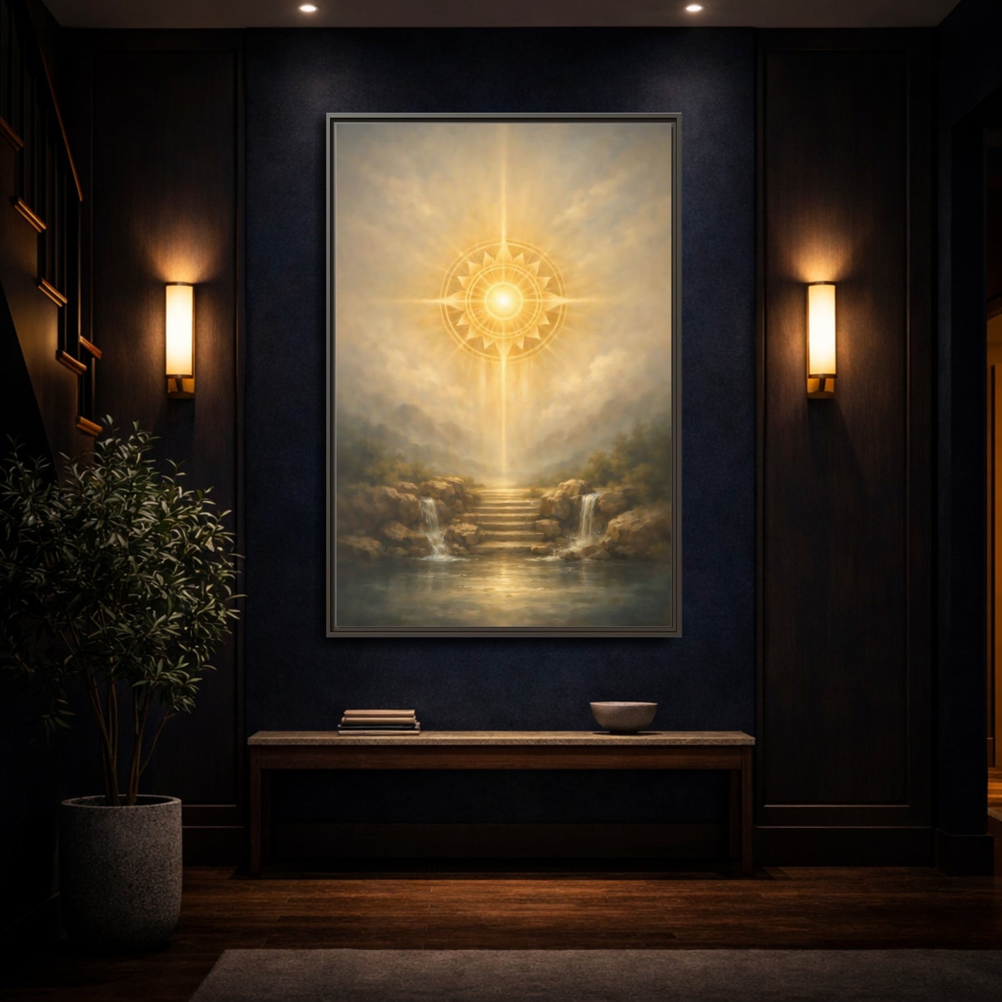 Mockup 3. Nature Celestial Light Golden Light shown as stretched canvas wall art