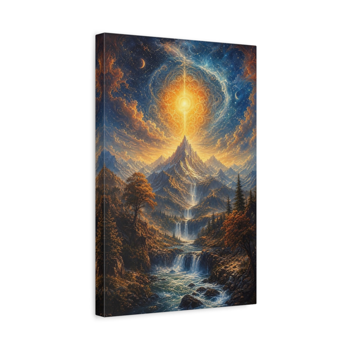 Side Mockup 4. Nature Celestial Mountain Golden Blue Landscape shown as stretched canvas wall art