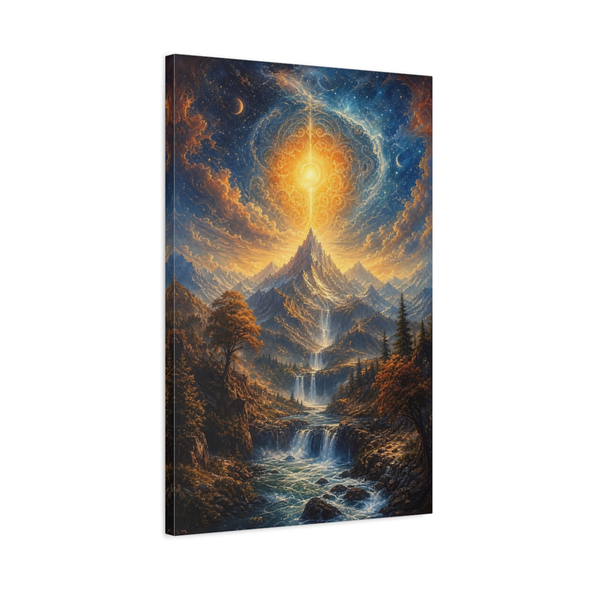 Side Mockup 2. Nature Celestial Mountain Golden Blue Landscape shown as stretched canvas wall art