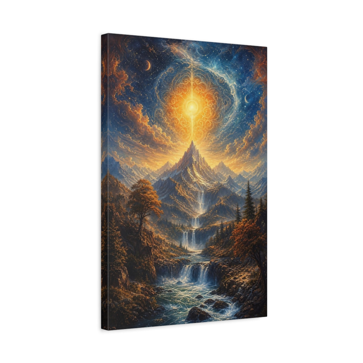 Side Mockup 3. Nature Celestial Mountain Golden Blue Landscape shown as stretched canvas wall art