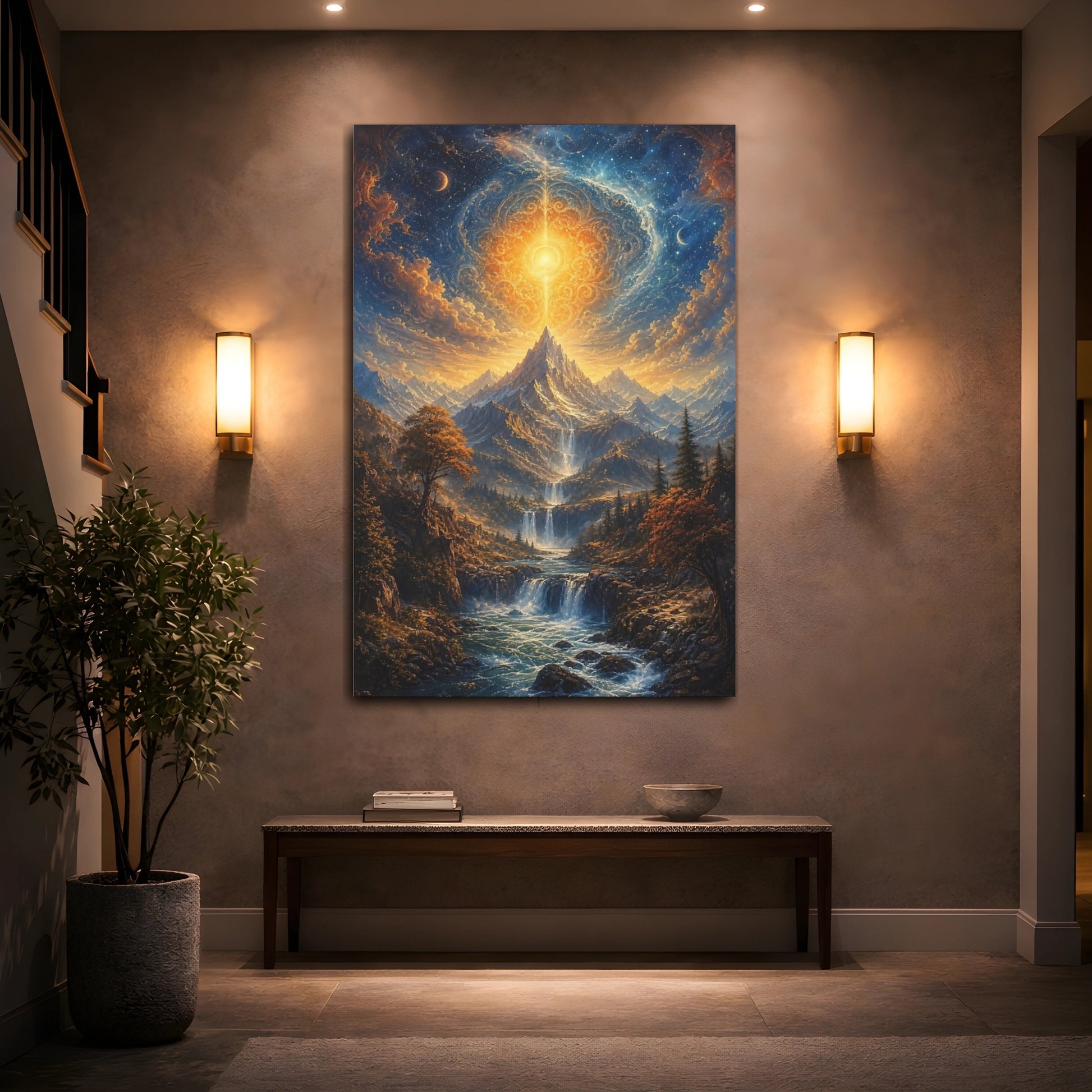 Mockup 2. Nature Celestial Mountain Golden Blue Landscape shown as stretched canvas wall art