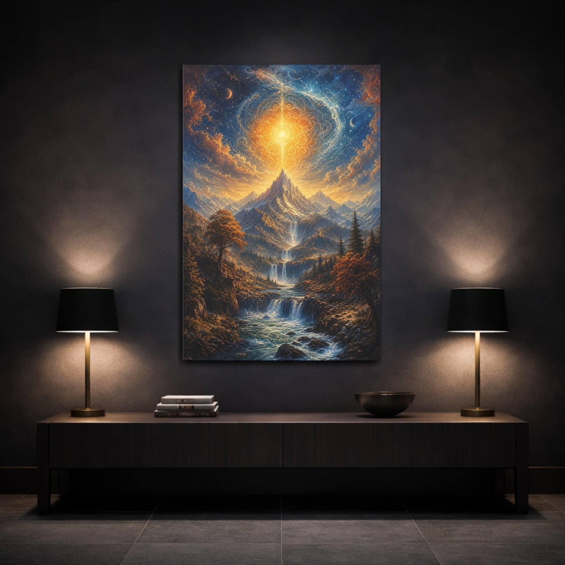 Mockup 3. Nature Celestial Mountain Golden Blue Landscape shown as stretched canvas wall art