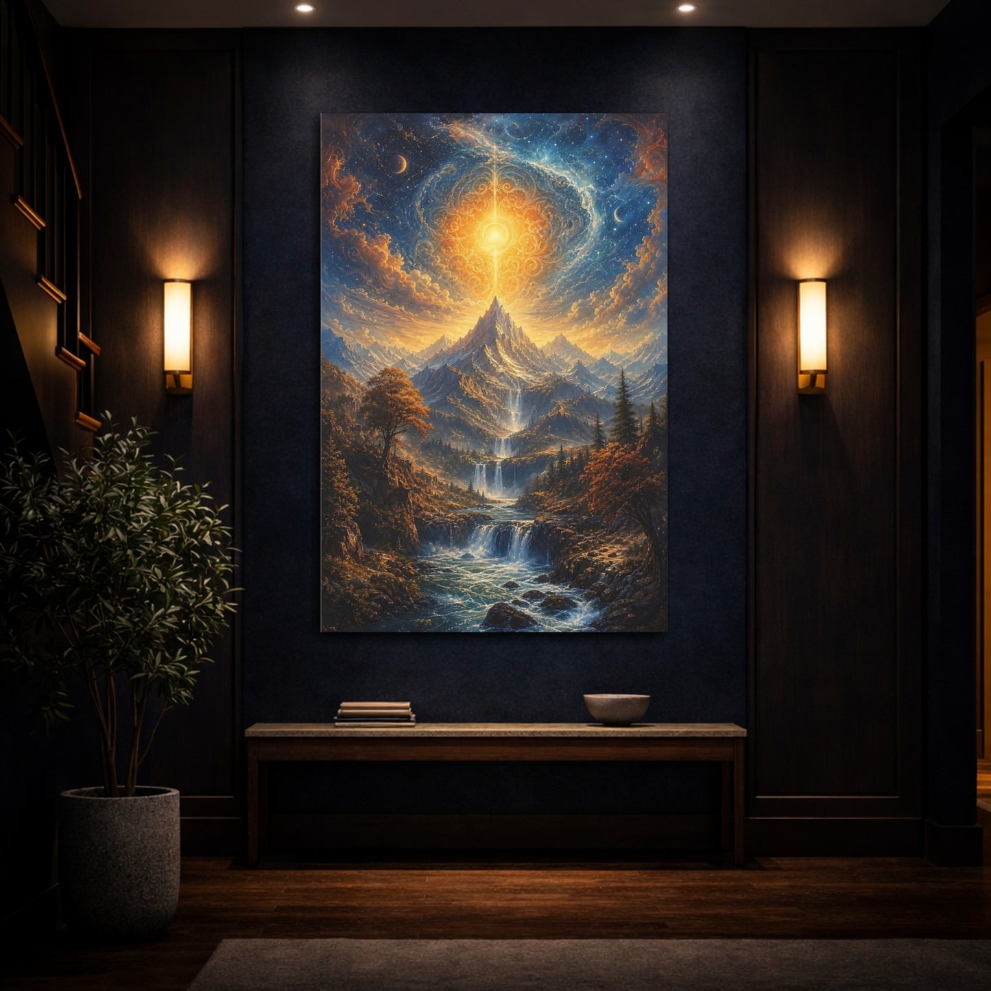 Mockup 4. Nature Celestial Mountain Golden Blue Landscape shown as stretched canvas wall art