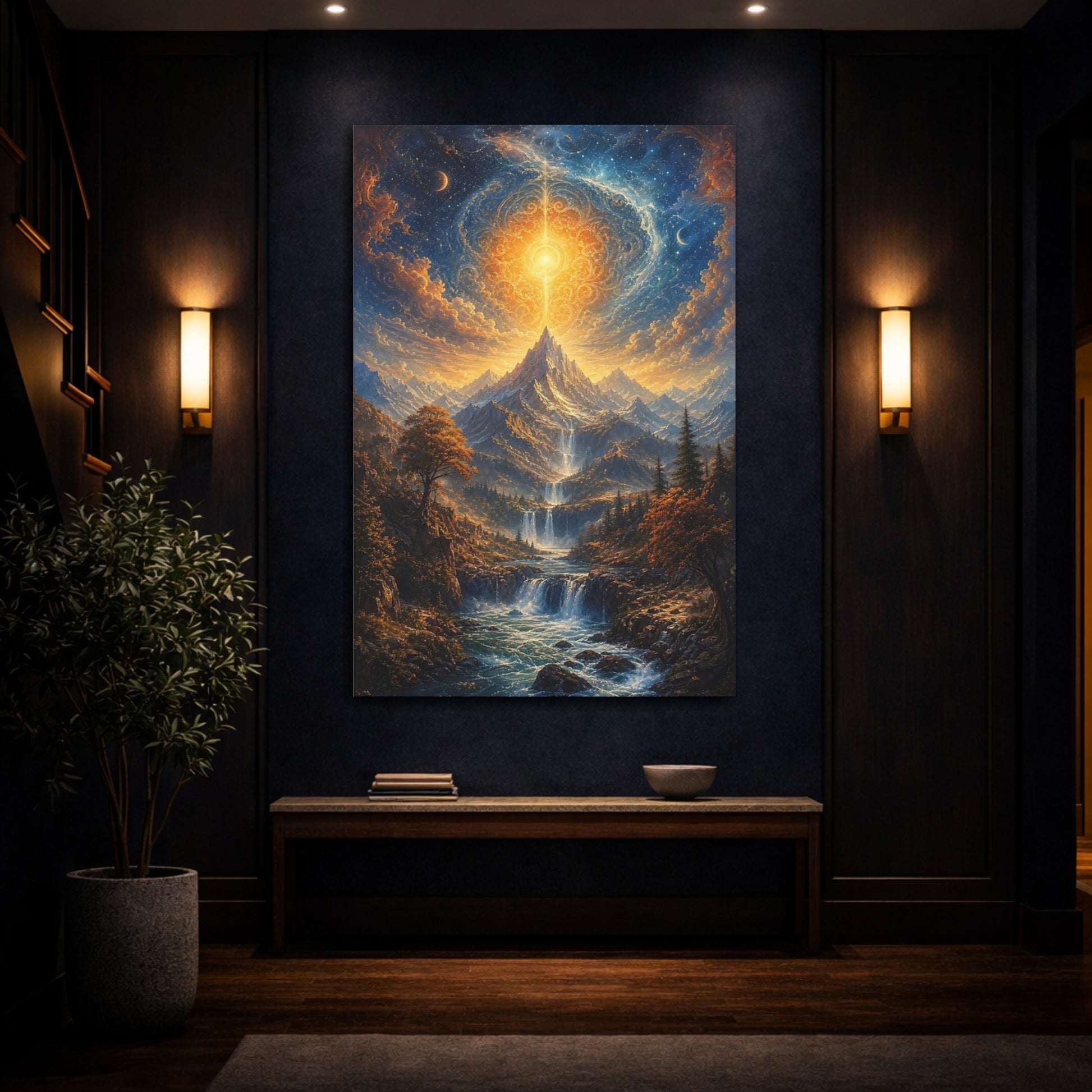 Mockup 4. Nature Celestial Mountain Golden Blue Landscape shown as stretched canvas wall art