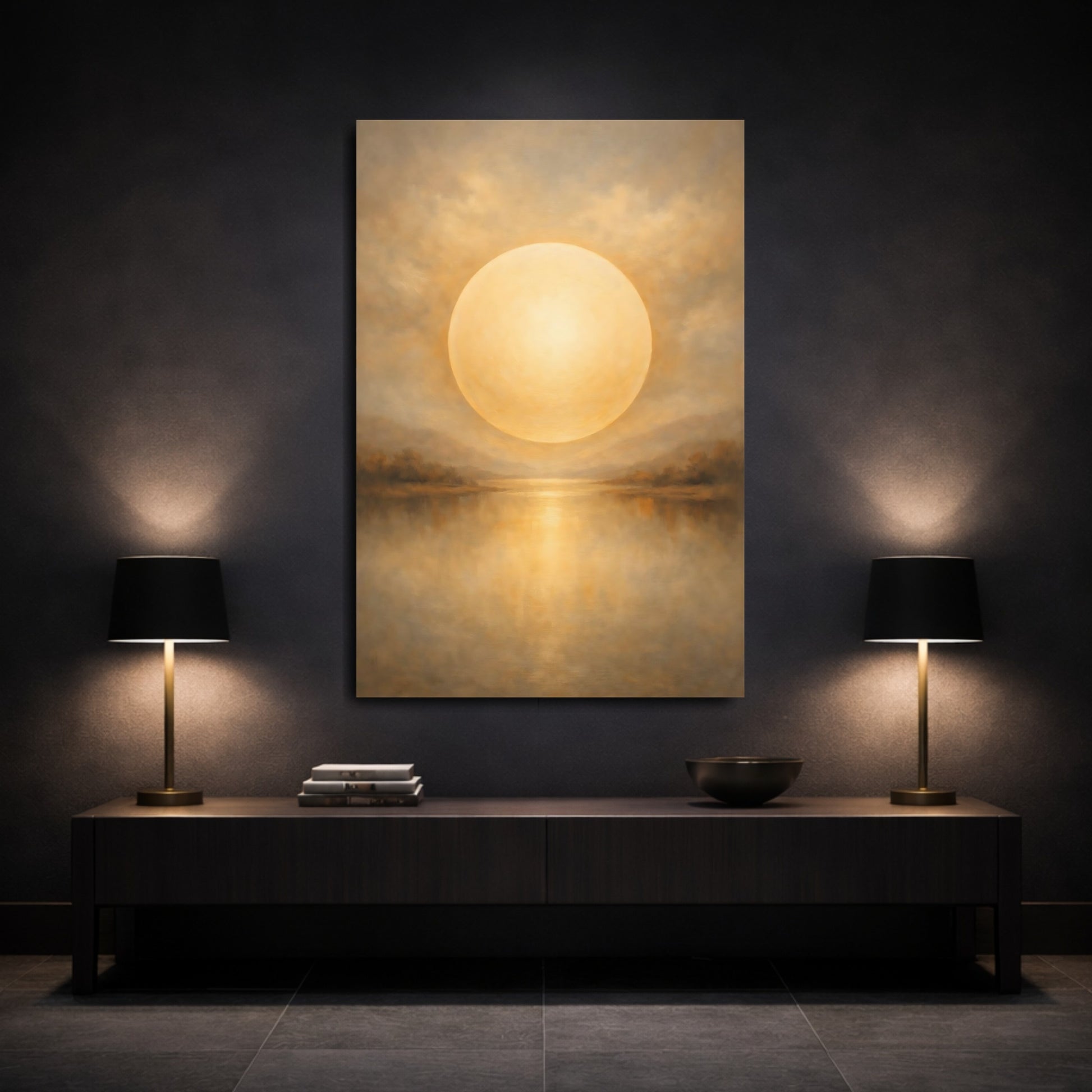 Mockup 2. Nature Celestial Orb Warm Gold Landscape shown as stretched canvas wall art