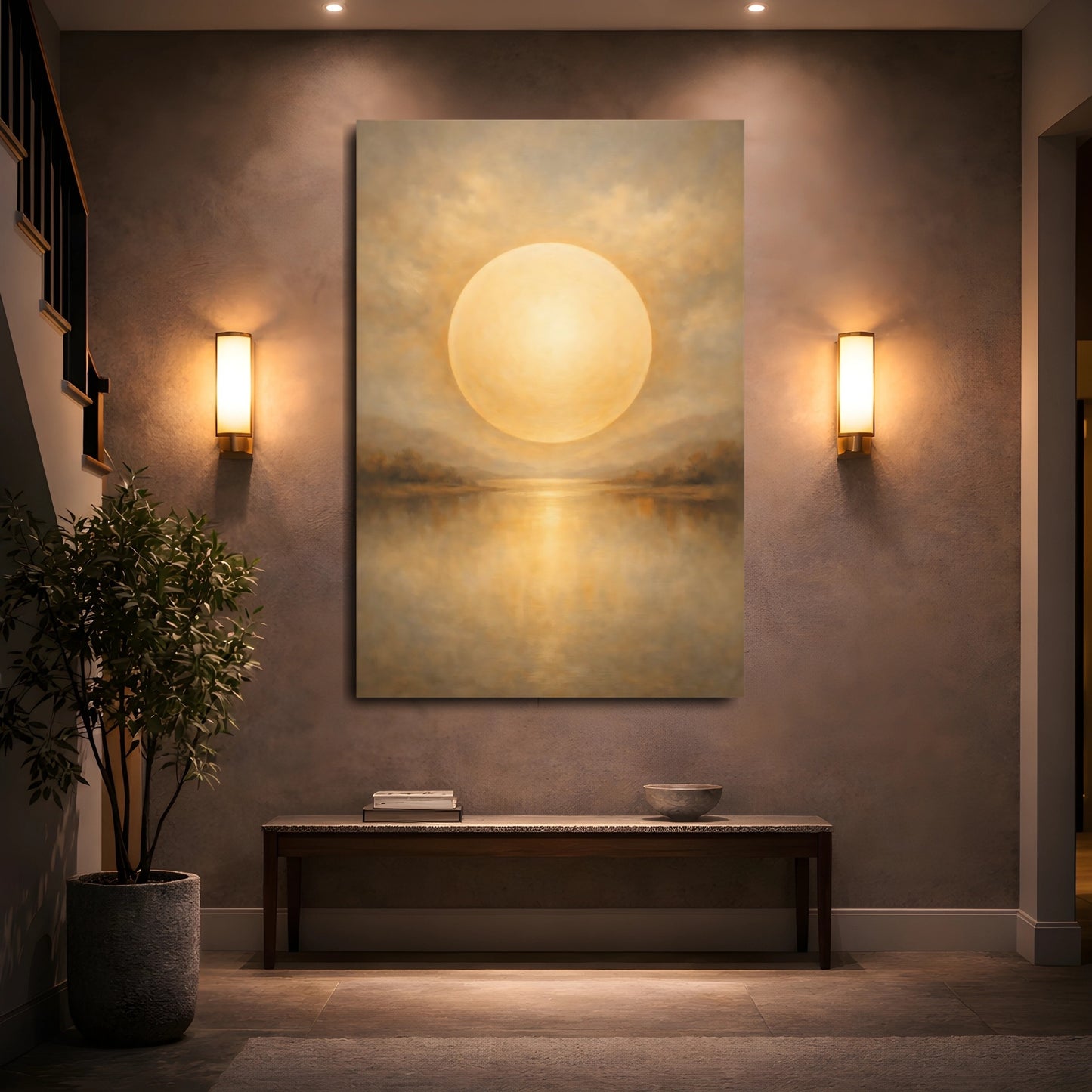 Mockup 4. Nature Celestial Orb Warm Gold Landscape shown as stretched canvas wall art