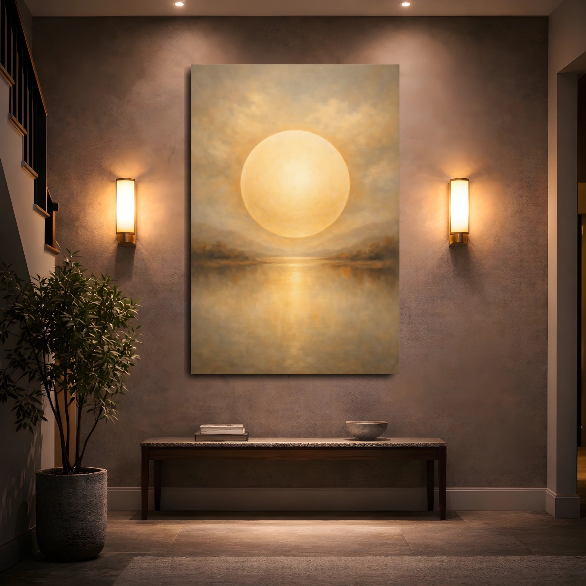Mockup 4. Nature Celestial Orb Warm Gold Landscape shown as stretched canvas wall art